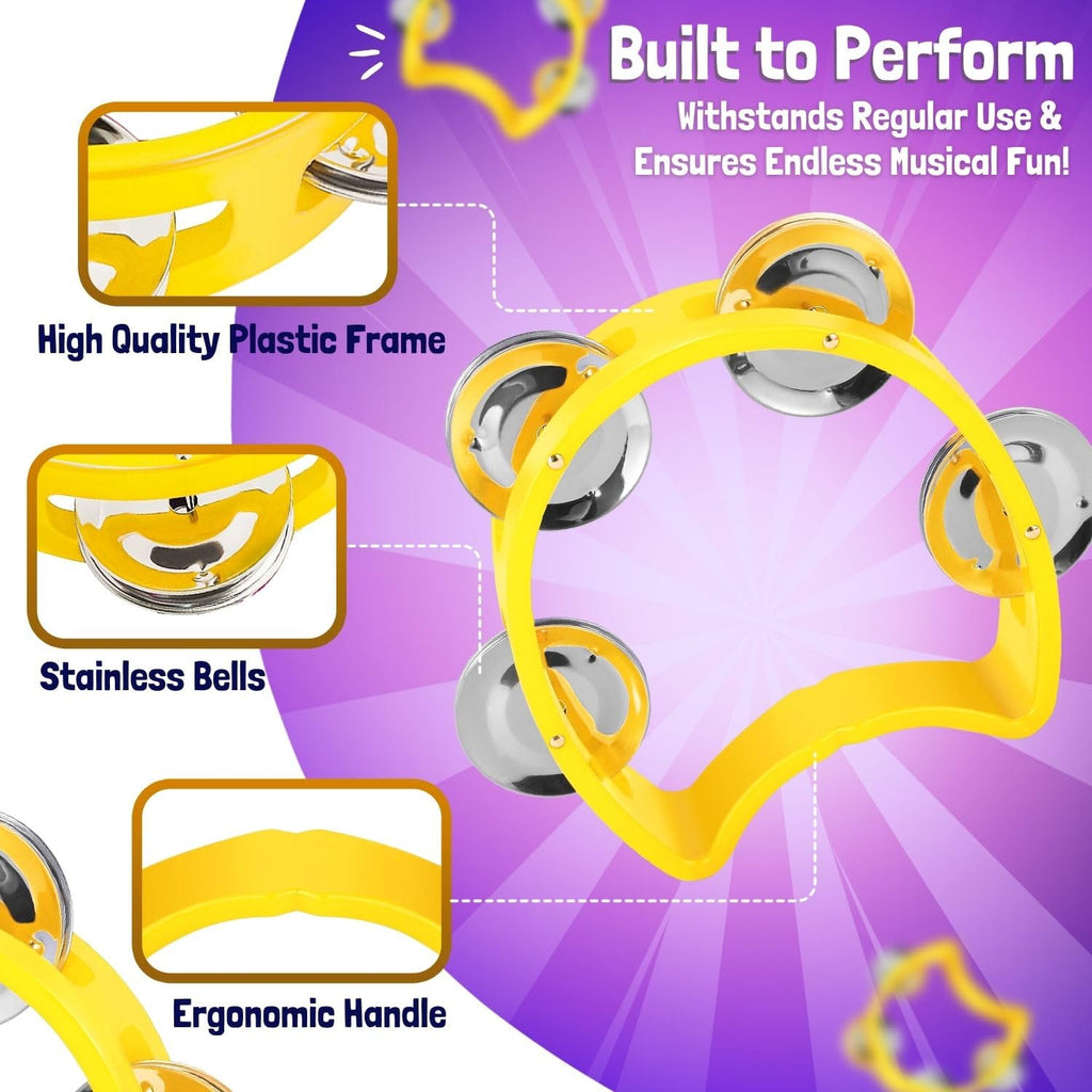 Flexzion Half Moon Tambourine Set – 4 Colors (Red, Yellow, Blue, Green) with Ergonomic Handle and Double Row Jingles