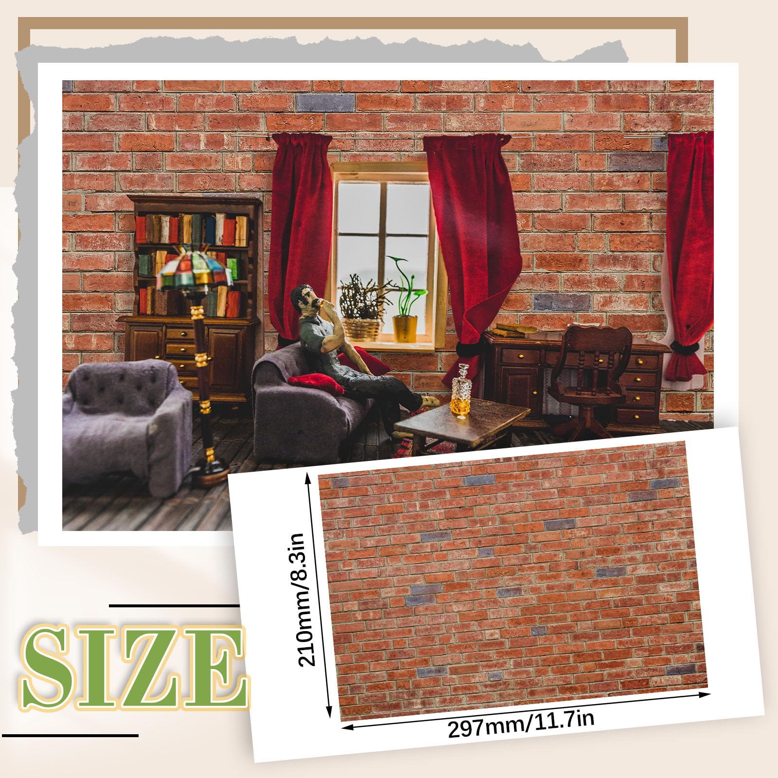 Flutesan 12-Pack Miniature Dollhouse Wallpaper and Flooring Sheets - Peel & Stick Red Brick Pattern, A4 Size (8.27 x 11.69 in)