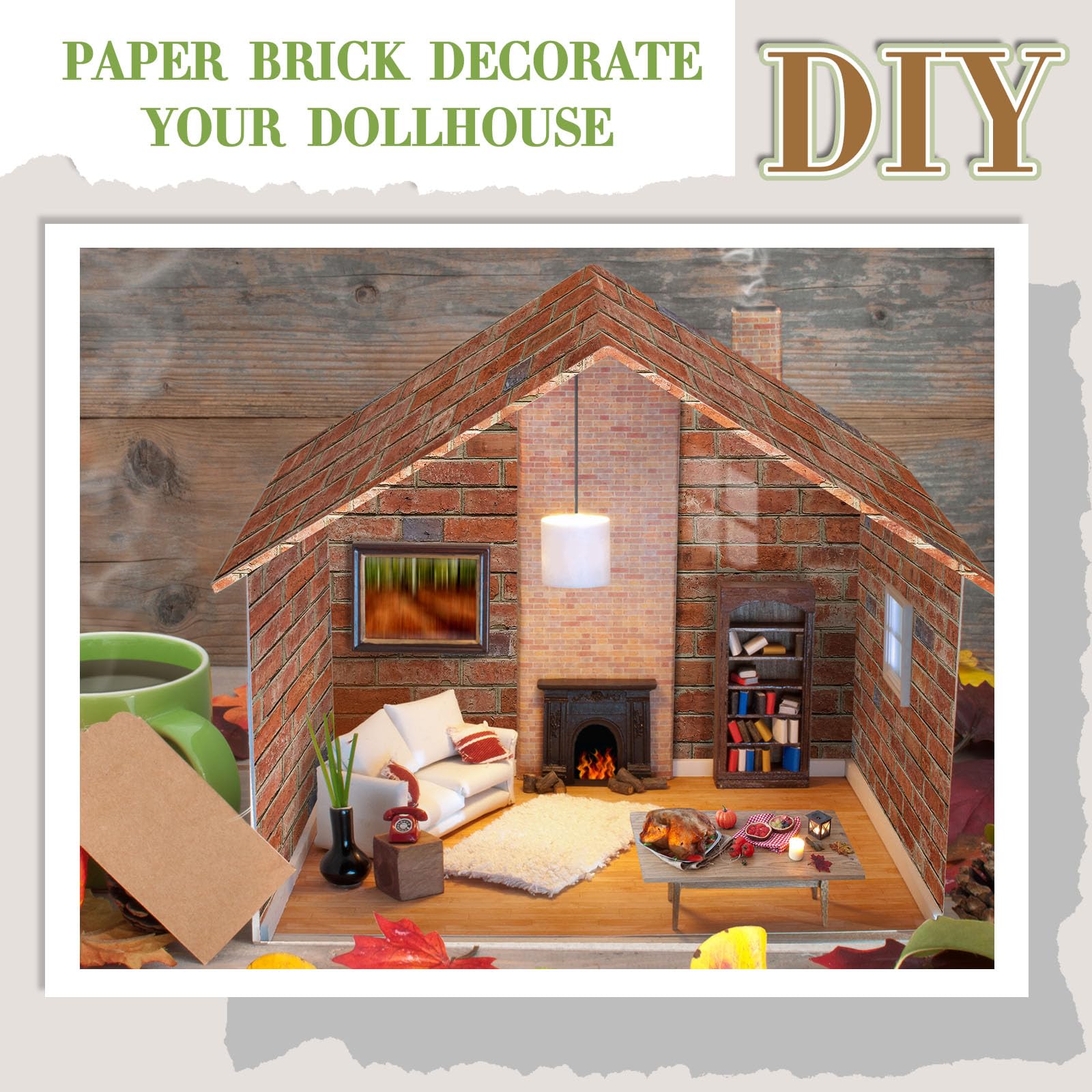 Flutesan 12-Pack Miniature Dollhouse Wallpaper and Flooring Sheets - Peel & Stick Red Brick Pattern, A4 Size (8.27 x 11.69 in)