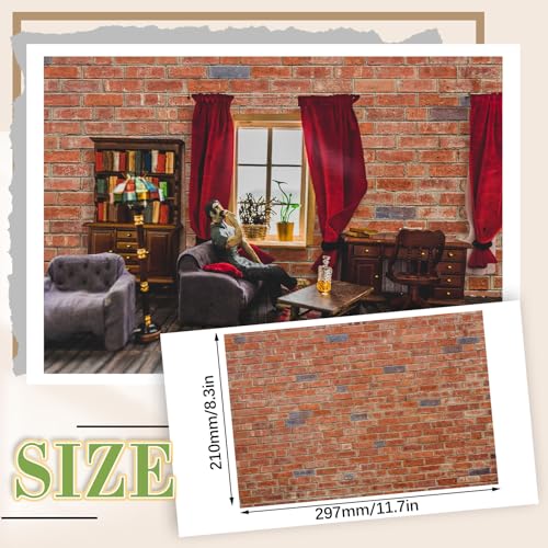 Flutesan 12-Pack Miniature Dollhouse Wallpaper and Flooring Sheets - Peel & Stick Red Brick Pattern, A4 Size (8.27 x 11.69 in)