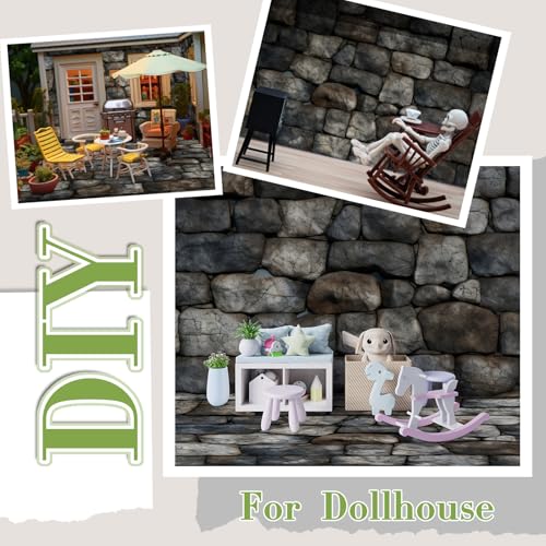 Flutesan 12-Piece Self-Adhesive Dollhouse Wallpaper & Flooring Set – Stone Pattern, 8.27x11.69 Inch Sheets