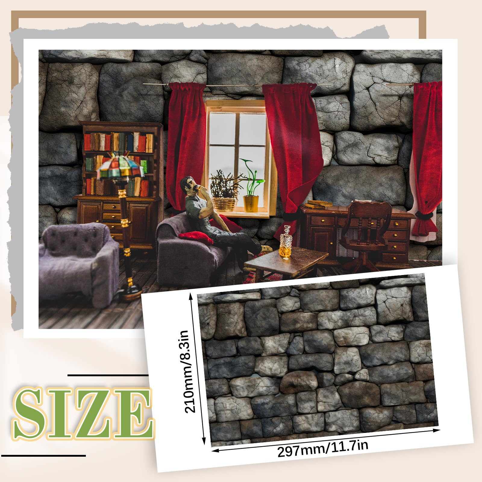 Flutesan 12-Piece Self-Adhesive Dollhouse Wallpaper & Flooring Set – Stone Pattern, 8.27x11.69 Inch Sheets