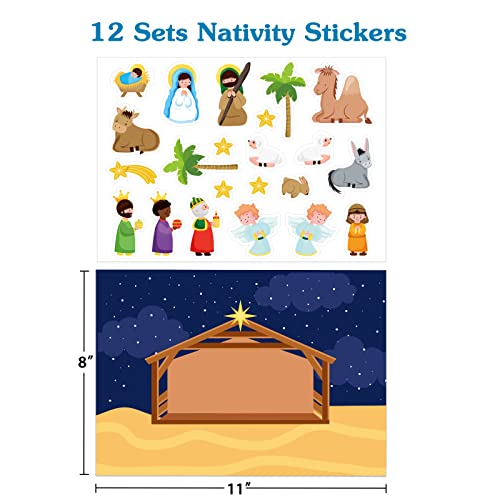 FLYAB Nativity Stickers 12 Sets - DIY Christian Christmas Sticker Craft Kit with Background Cards