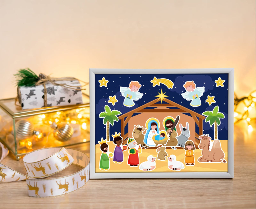 FLYAB Nativity Stickers 12 Sets - DIY Christian Christmas Sticker Craft Kit with Background Cards