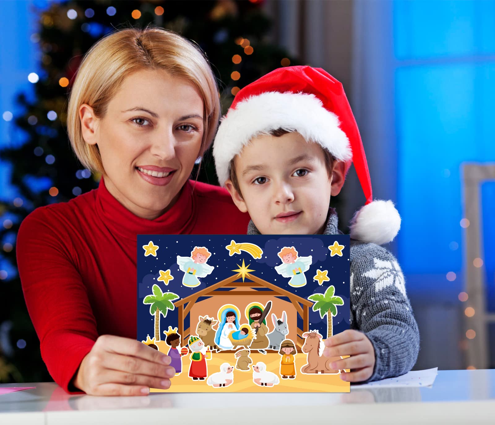 FLYAB Nativity Stickers 12 Sets - DIY Christian Christmas Sticker Craft Kit with Background Cards