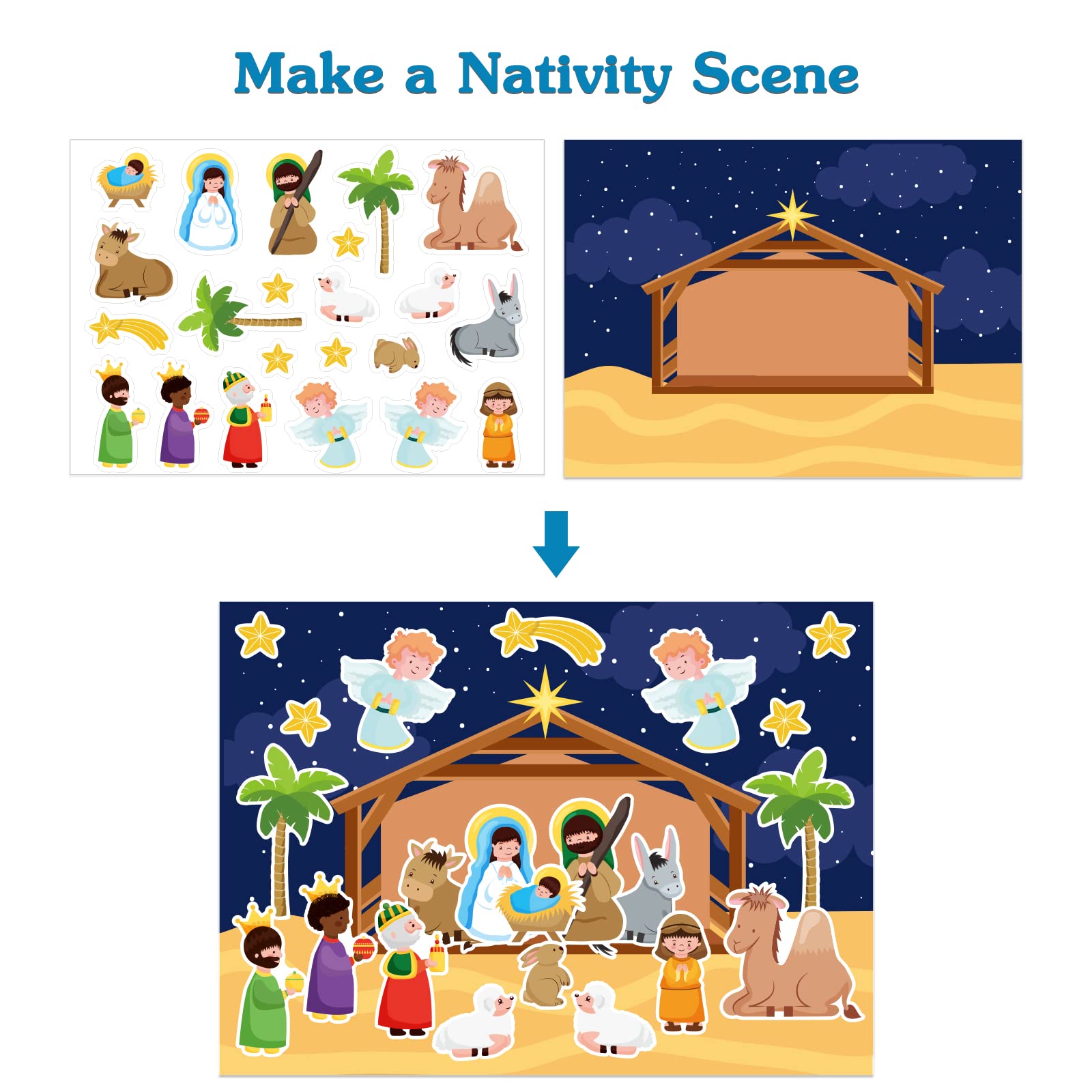 FLYAB Nativity Stickers 12 Sets - DIY Christian Christmas Sticker Craft Kit with Background Cards