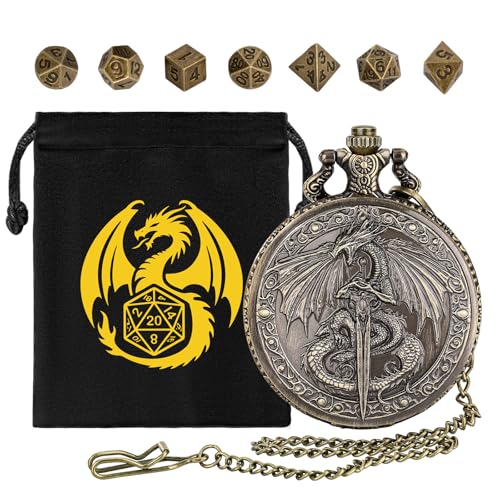 Flying Dragon Pocket Watch Dice Set - 7 Mini Polyhedral Metal Dice in Bronze Case with Gift Bag