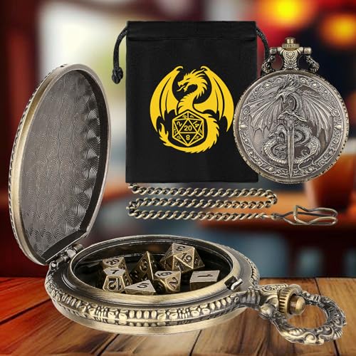 Flying Dragon Pocket Watch Dice Set - 7 Mini Polyhedral Metal Dice in Bronze Case with Gift Bag