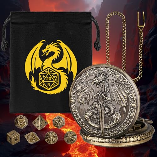 Flying Dragon Pocket Watch Dice Set - 7 Mini Polyhedral Metal Dice in Bronze Case with Gift Bag