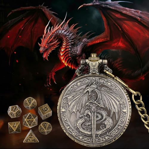 Flying Dragon Pocket Watch Dice Set - 7 Mini Polyhedral Metal Dice in Bronze Case with Gift Bag