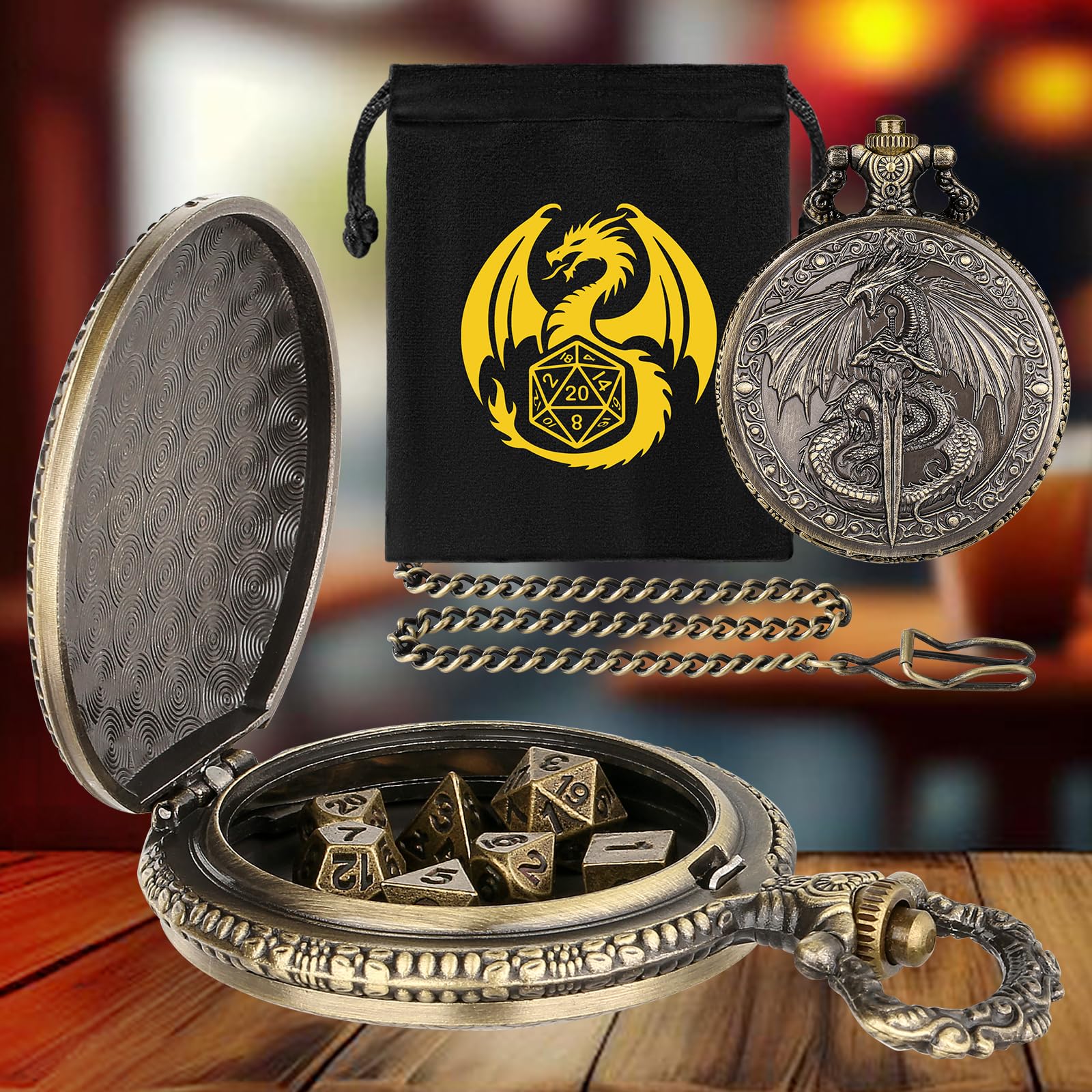 Flying Dragon Pocket Watch Dice Set - 7 Mini Polyhedral Metal Dice in Bronze Case with Gift Bag