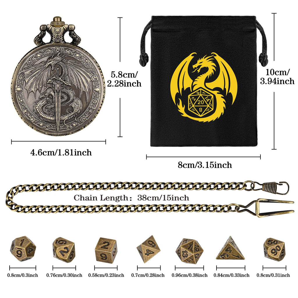 Flying Dragon Pocket Watch Dice Set - 7 Mini Polyhedral Metal Dice in Bronze Case with Gift Bag