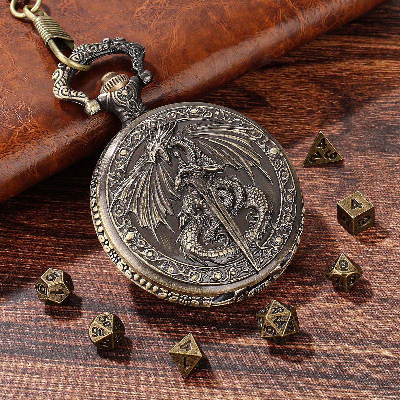 Flying Dragon Pocket Watch Dice Set - 7 Mini Polyhedral Metal Dice in Bronze Case with Gift Bag