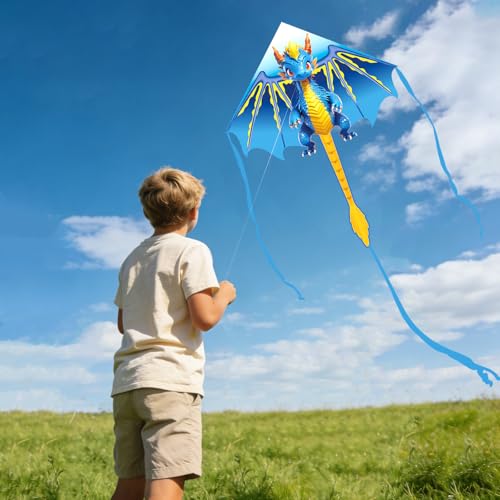 Flying Hoofer Blue Dragon Kite – 70-Inch Delta Kite for Kids with 300ft String, Easy to Fly for Beginners Ages 4-12