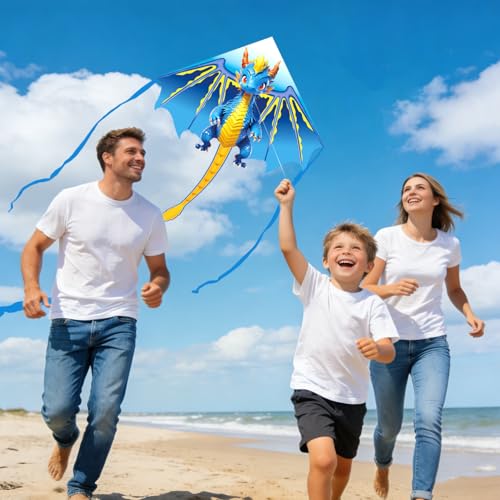 Flying Hoofer Blue Dragon Kite – 70-Inch Delta Kite for Kids with 300ft String, Easy to Fly for Beginners Ages 4-12