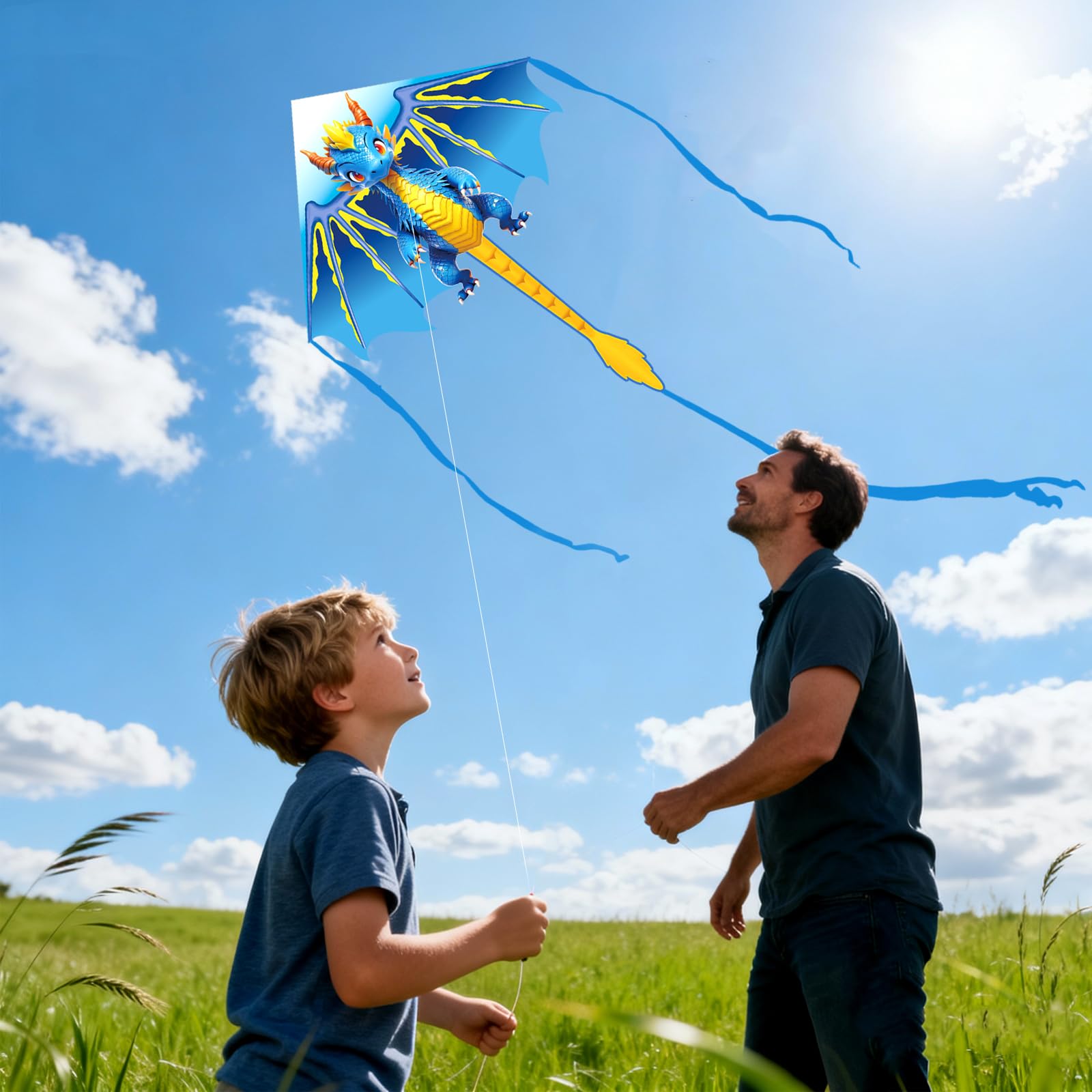 Flying Hoofer Blue Dragon Kite – 70-Inch Delta Kite for Kids with 300ft String, Easy to Fly for Beginners Ages 4-12