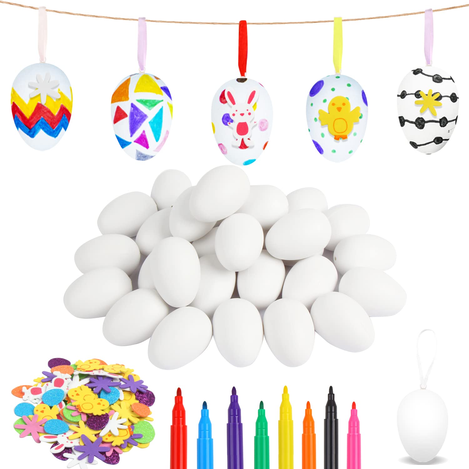 FOIMAS Easter Egg Craft Kit - 30 White Plastic Eggs with 80 Foam Stickers and 8 Watercolor Pens for DIY Decoration