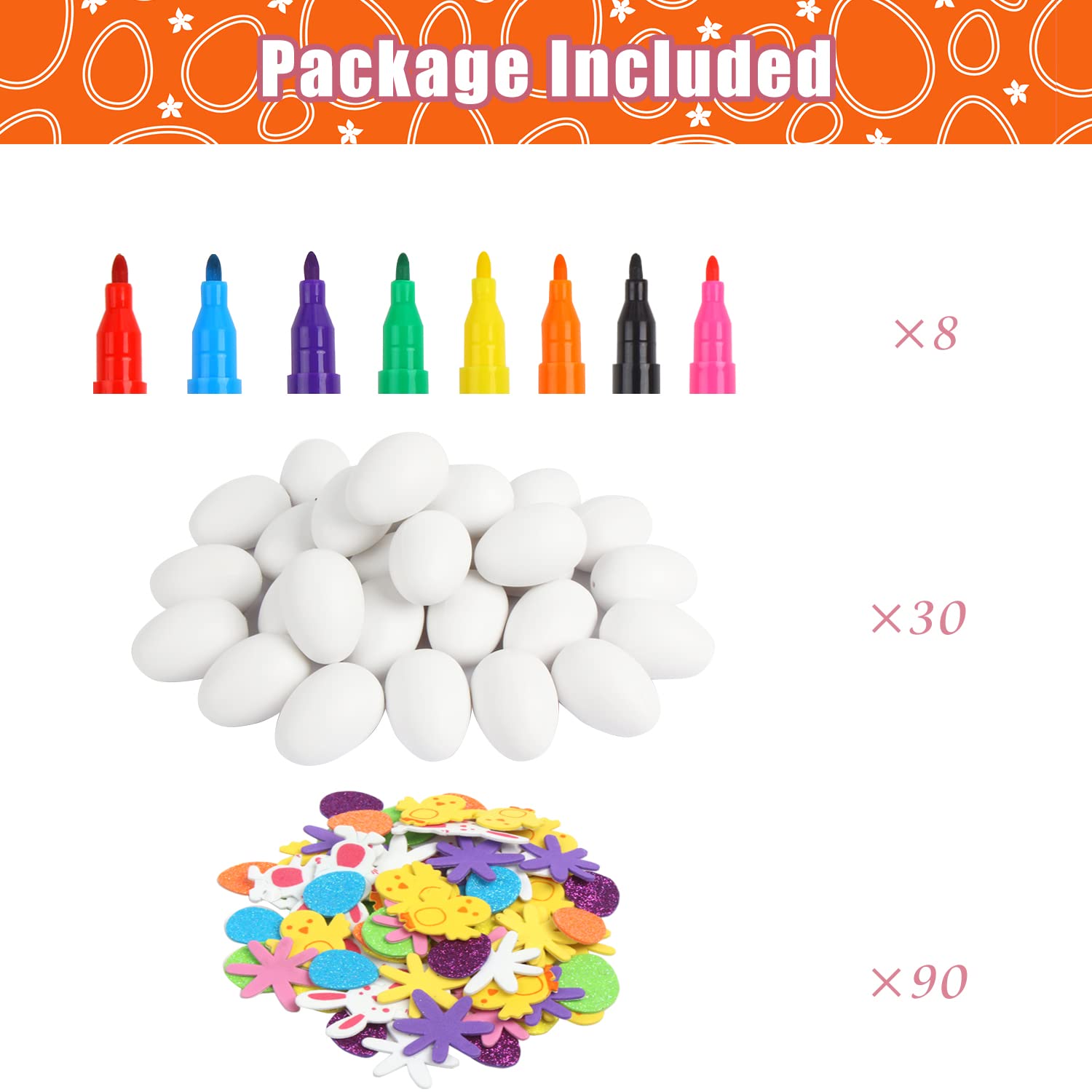FOIMAS Easter Egg Craft Kit - 30 White Plastic Eggs with 80 Foam Stickers and 8 Watercolor Pens for DIY Decoration