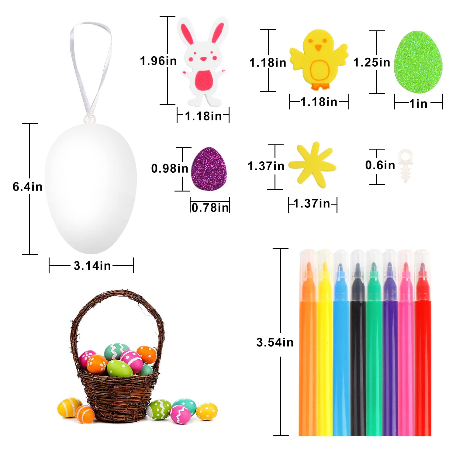 FOIMAS Easter Egg Craft Kit - 30 White Plastic Eggs with 80 Foam Stickers and 8 Watercolor Pens for DIY Decoration