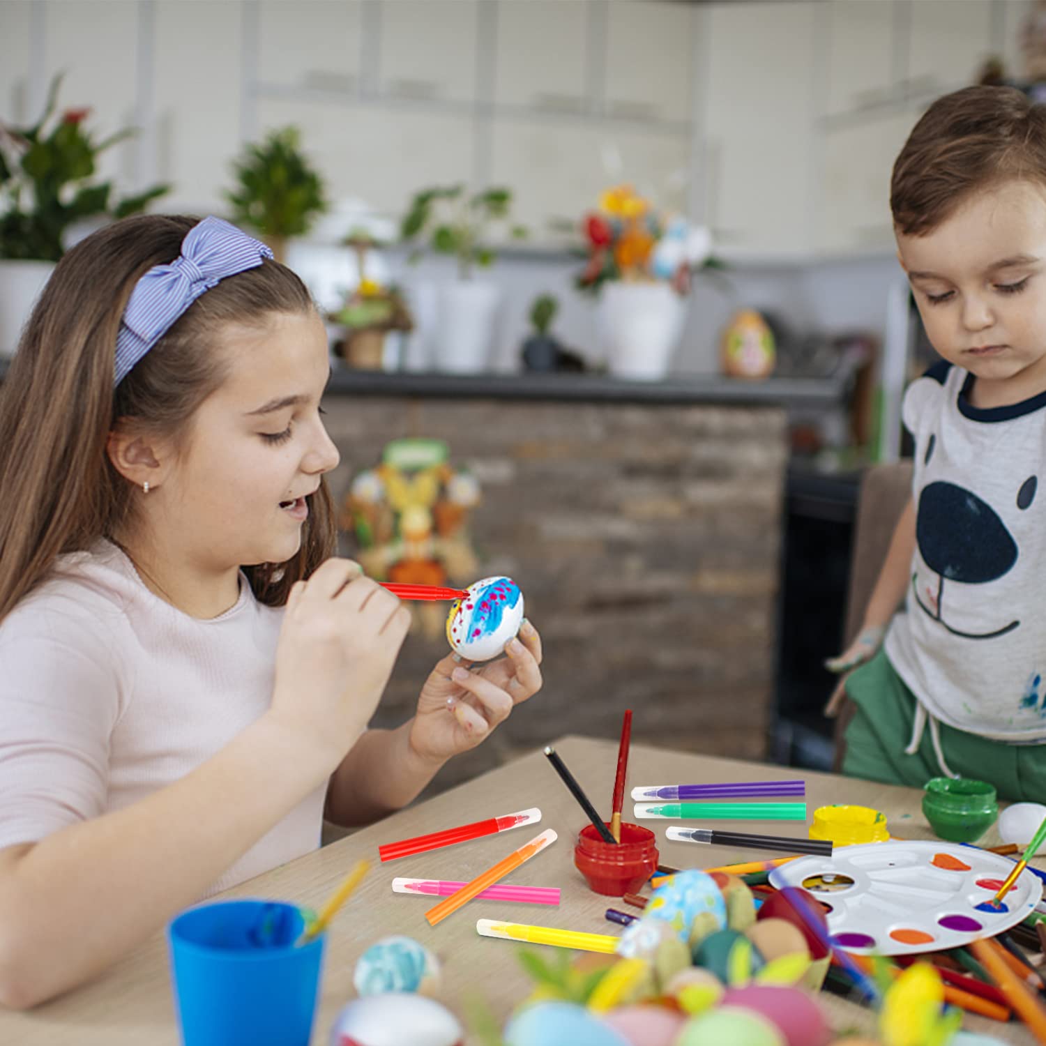 FOIMAS Easter Egg Craft Kit - 30 White Plastic Eggs with 80 Foam Stickers and 8 Watercolor Pens for DIY Decoration