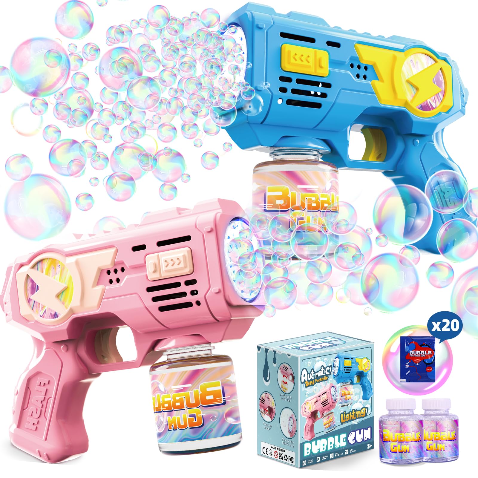 Folimix 2-Pack Bubble Gun Toys with LED Lights – 10,000+ Bubbles/Min, Includes Solution & Refills for Kids Ages 3+