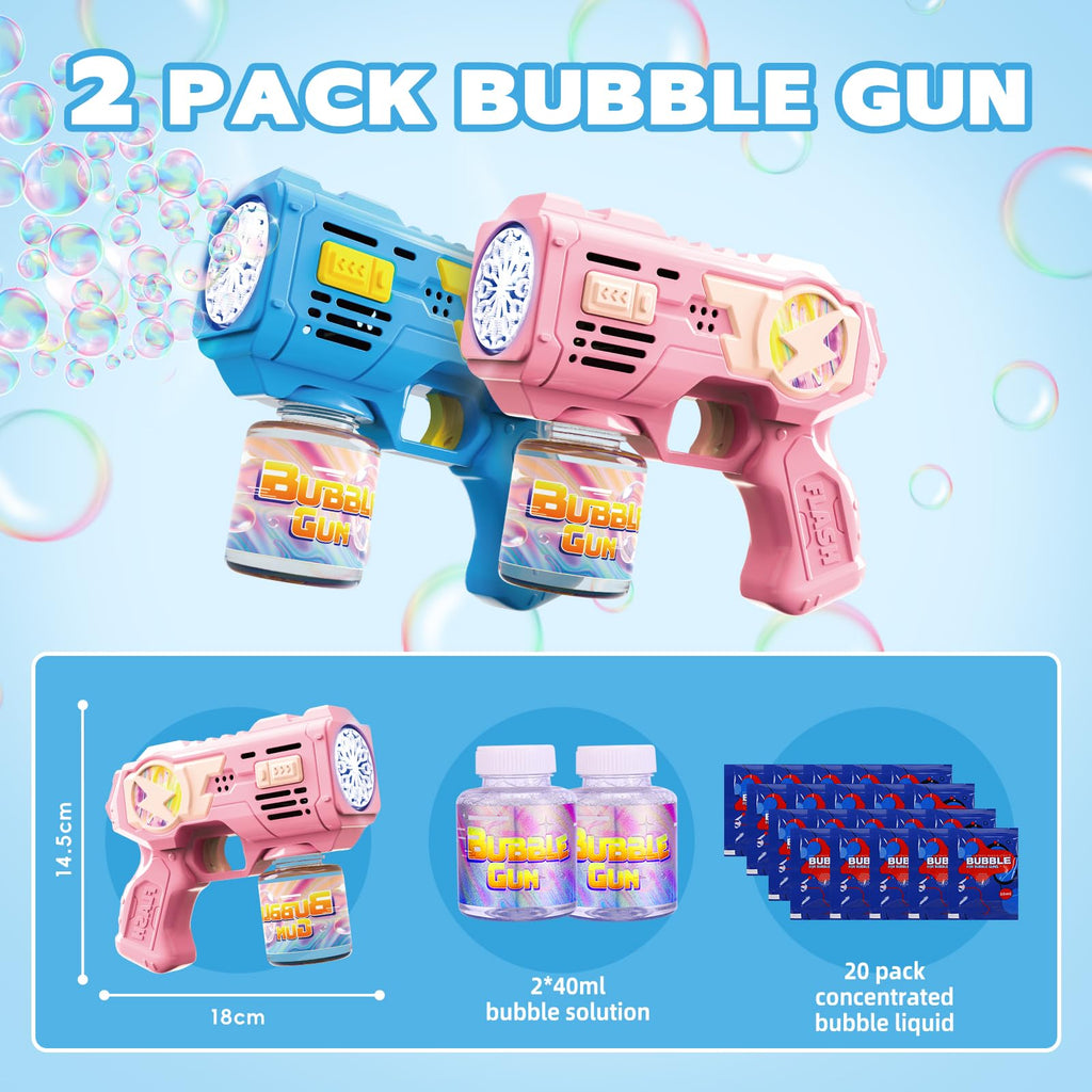 Folimix 2-Pack Bubble Gun Toys with LED Lights – 10,000+ Bubbles/Min, Includes Solution & Refills for Kids Ages 3+