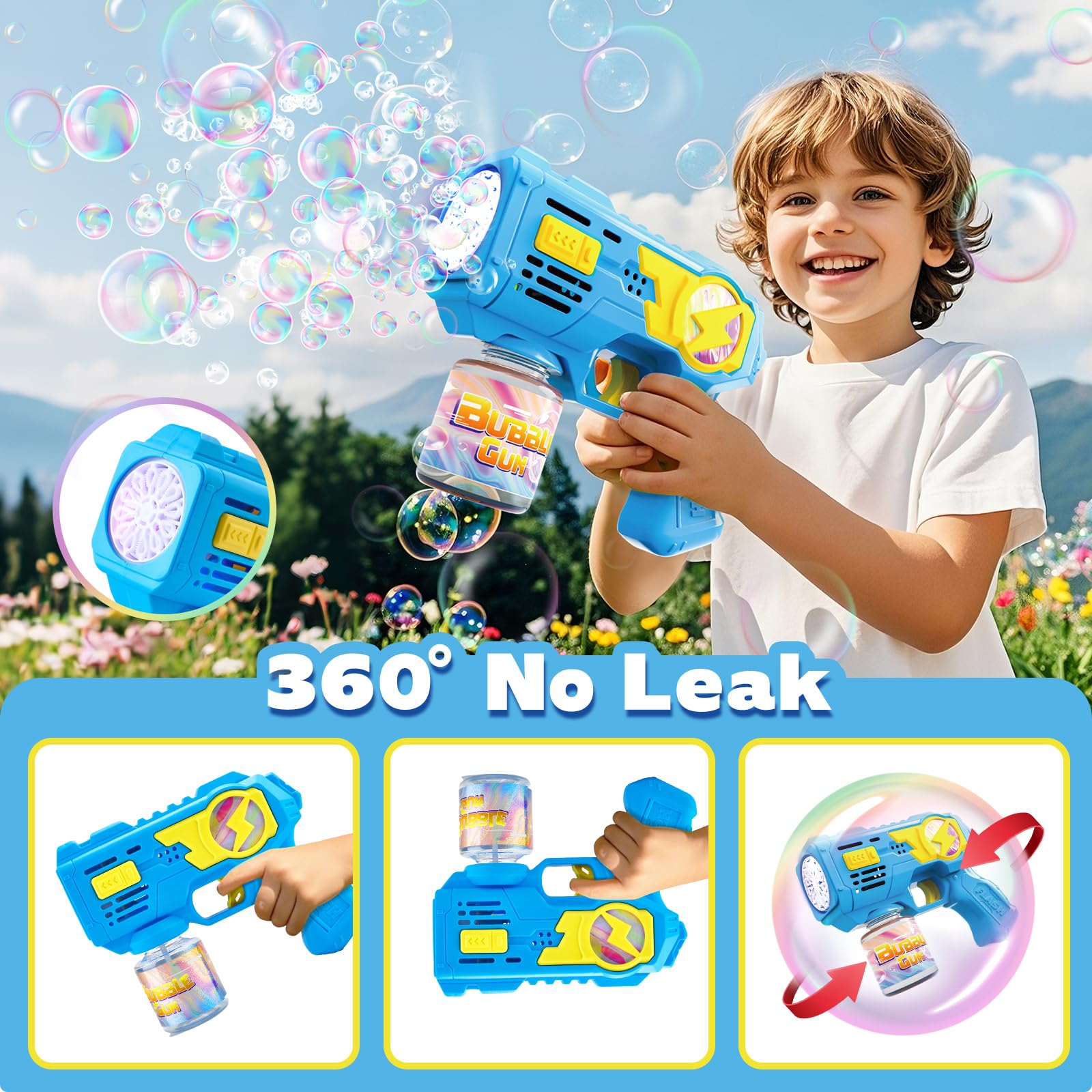 Folimix 2-Pack Bubble Gun Toys with LED Lights – 10,000+ Bubbles/Min, Includes Solution & Refills for Kids Ages 3+