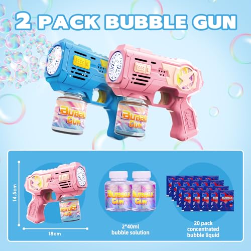 Folimix 2-Pack Bubble Gun Toys with LED Lights – 10,000+ Bubbles/Min, Includes Solution & Refills for Kids Ages 3+