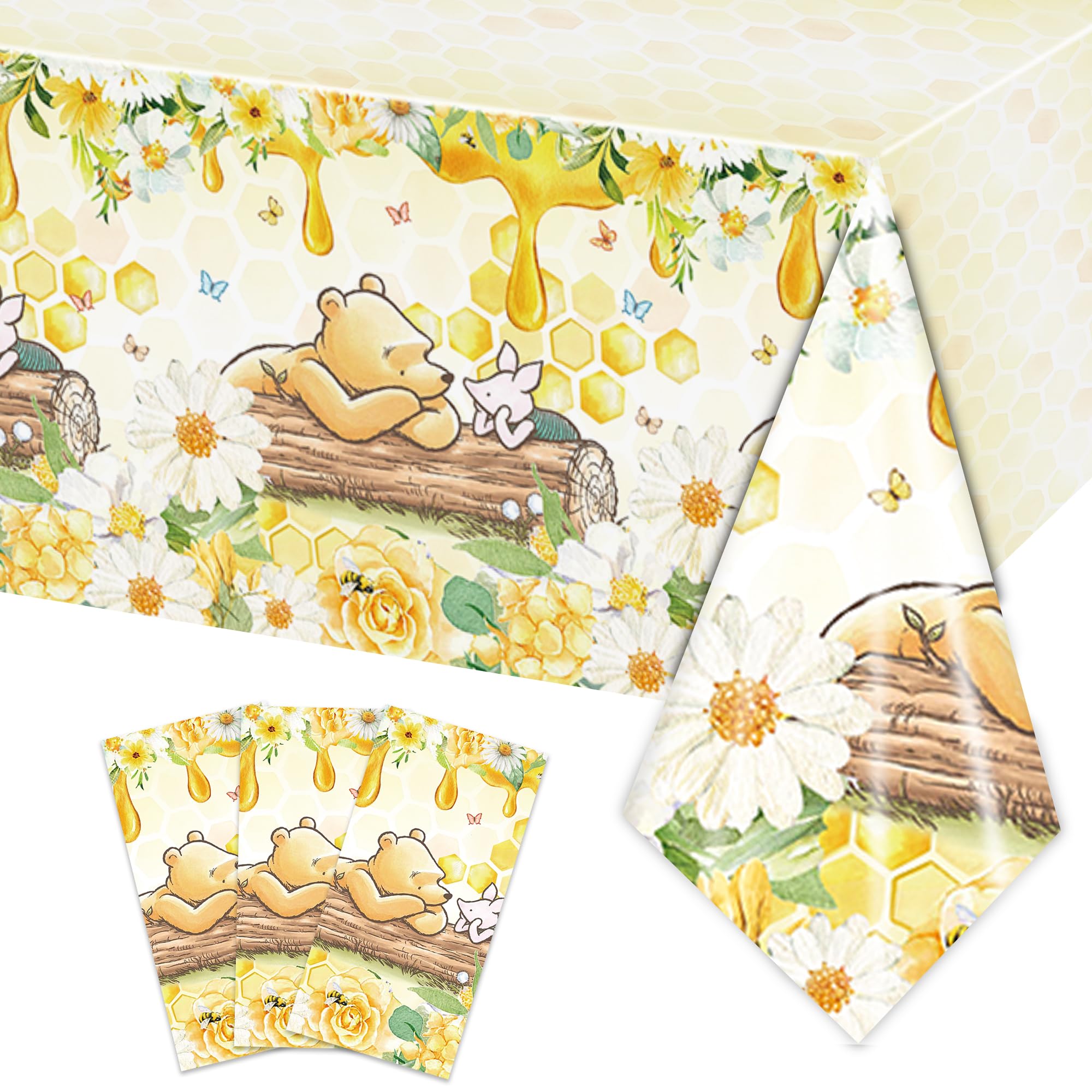 FOLNESH 3-Pack Yellow Winnie Bear Baby Shower Tablecloths – Disposable Plastic Party Table Cover, 54x108 Inch