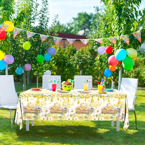 FOLNESH 3-Pack Yellow Winnie Bear Baby Shower Tablecloths – Disposable Plastic Party Table Cover, 54x108 Inch