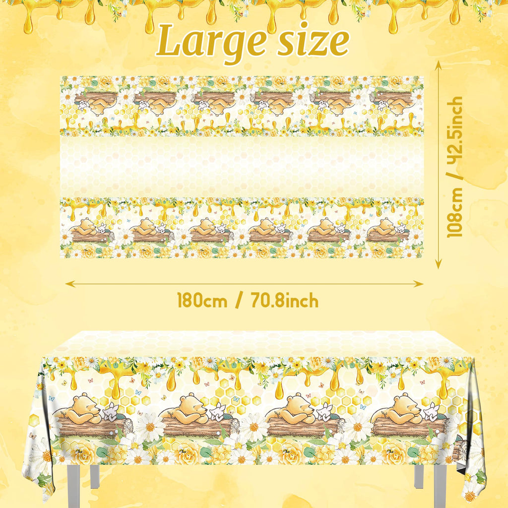 FOLNESH 3-Pack Yellow Winnie Bear Baby Shower Tablecloths – Disposable Plastic Party Table Cover, 54x108 Inch