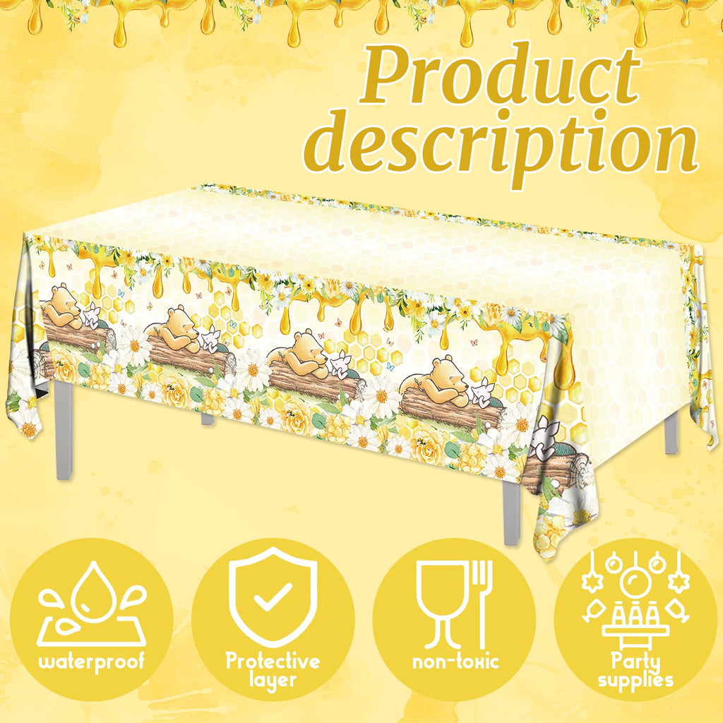FOLNESH 3-Pack Yellow Winnie Bear Baby Shower Tablecloths – Disposable Plastic Party Table Cover, 54x108 Inch