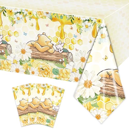 FOLNESH 3-Pack Yellow Winnie Bear Baby Shower Tablecloths – Disposable Plastic Party Table Cover, 54x108 Inch