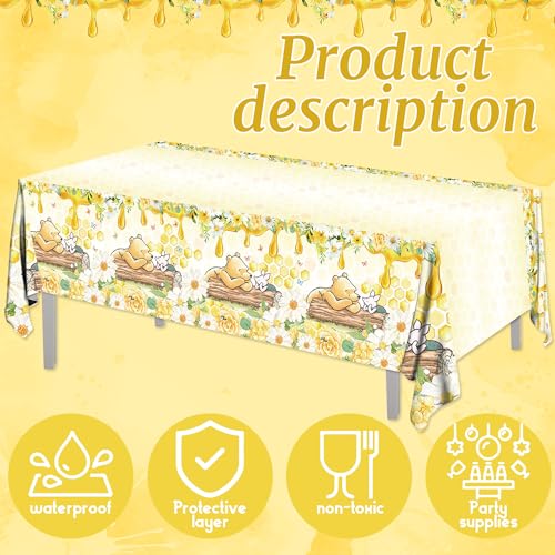 FOLNESH 3-Pack Yellow Winnie Bear Baby Shower Tablecloths – Disposable Plastic Party Table Cover, 54x108 Inch