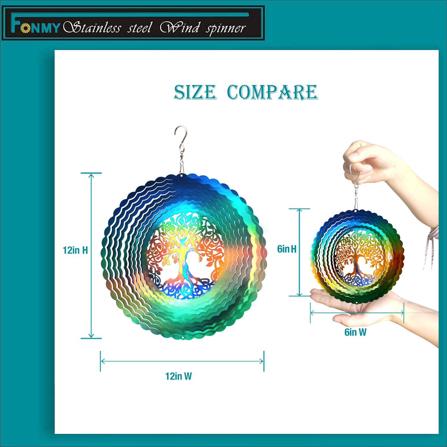 FONMY 6 Inch Stainless Steel Wind Spinner – Multi Color Tree of Life Design with Swivel Hook