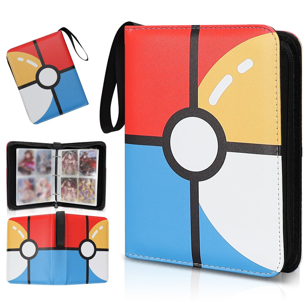 FootJKYX 4-Pocket Card Binder – Holds 400 Standard Trading Cards, PU Waterproof Zip Album with Wrist Strap, Red & Blue