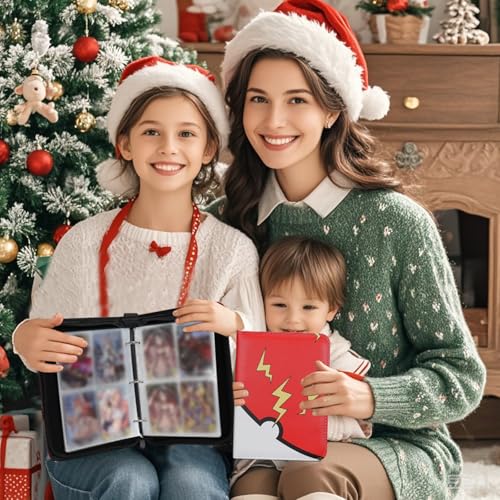 FootJKYX 4-Pocket Card Binder – Holds 400 Standard Trading Cards, PU Waterproof Zip Album with Wrist Strap, Red & Blue