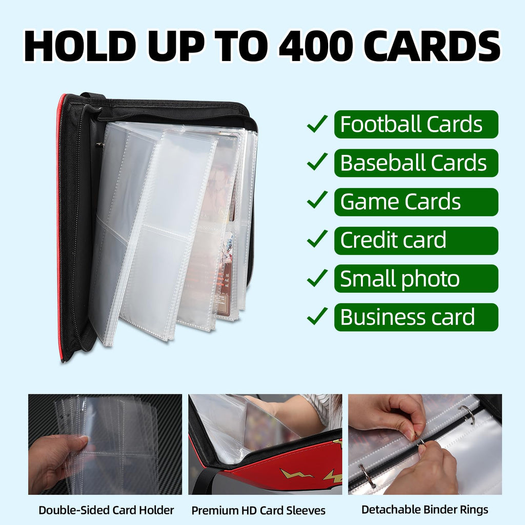 FootJKYX 4-Pocket Card Binder – Holds 400 Standard Trading Cards, PU Waterproof Zip Album with Wrist Strap, Red & Blue