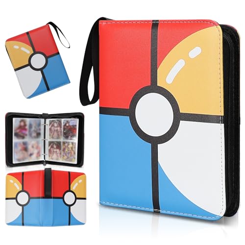 FootJKYX 4-Pocket Card Binder – Holds 400 Standard Trading Cards, PU Waterproof Zip Album with Wrist Strap, Red & Blue