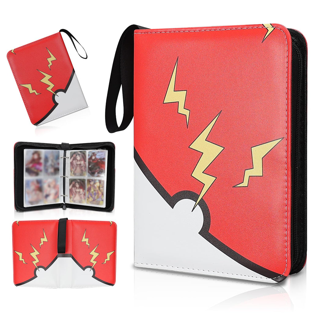 FootJKYX 4-Pocket Trading Card Binder - Red & Yellow, Holds 400 Cards, Waterproof PU Album with Wrist Strap
