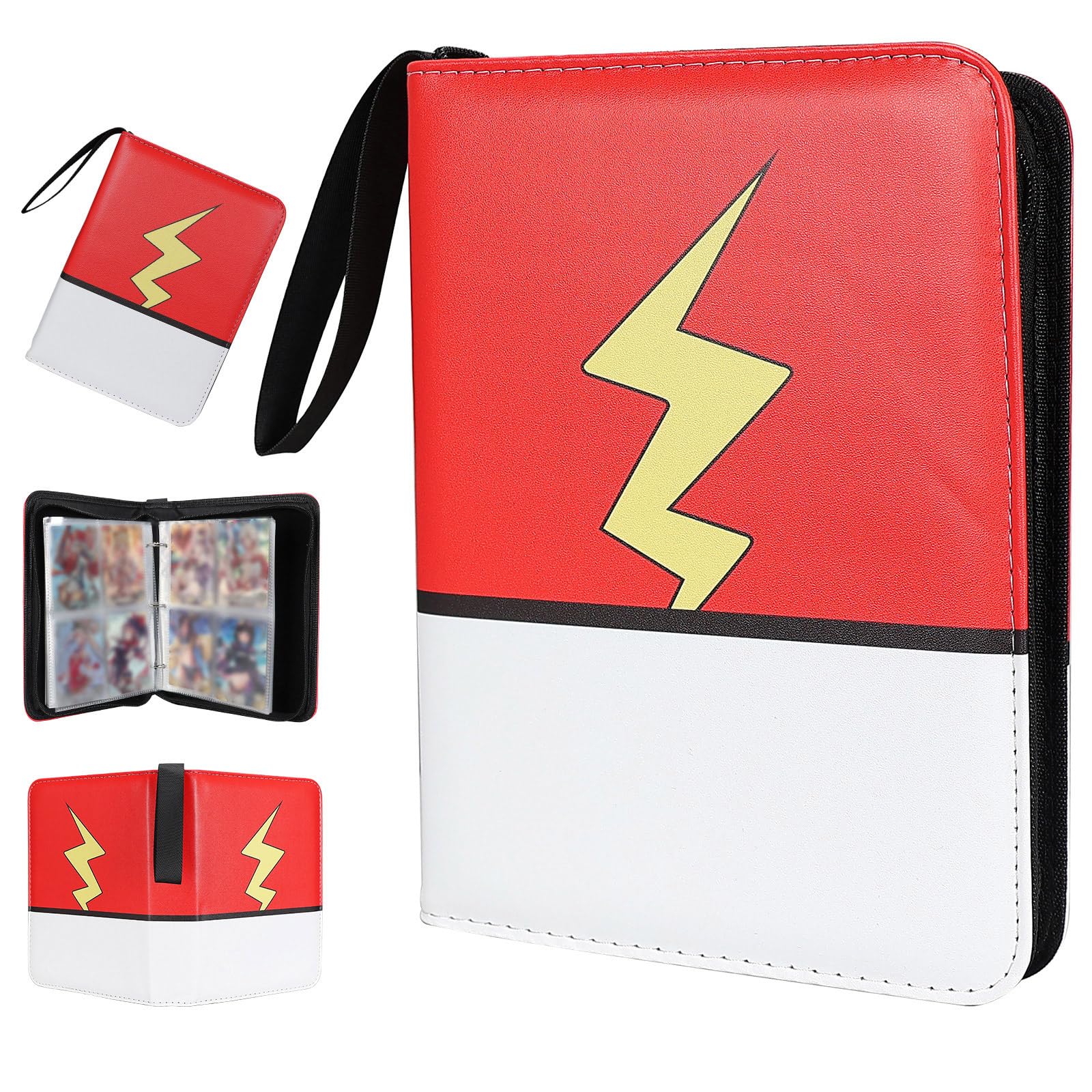 FootJKYX 4-Pocket Trading Card Binder – Holds 400 Cards, PU Leather, Zippered, with Wrist Strap (Red White-08)