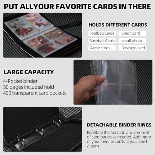 FootJKYX 4-Pocket Trading Card Binder – Holds 400 Cards, PU Leather, Zippered, with Wrist Strap (Red White-08)