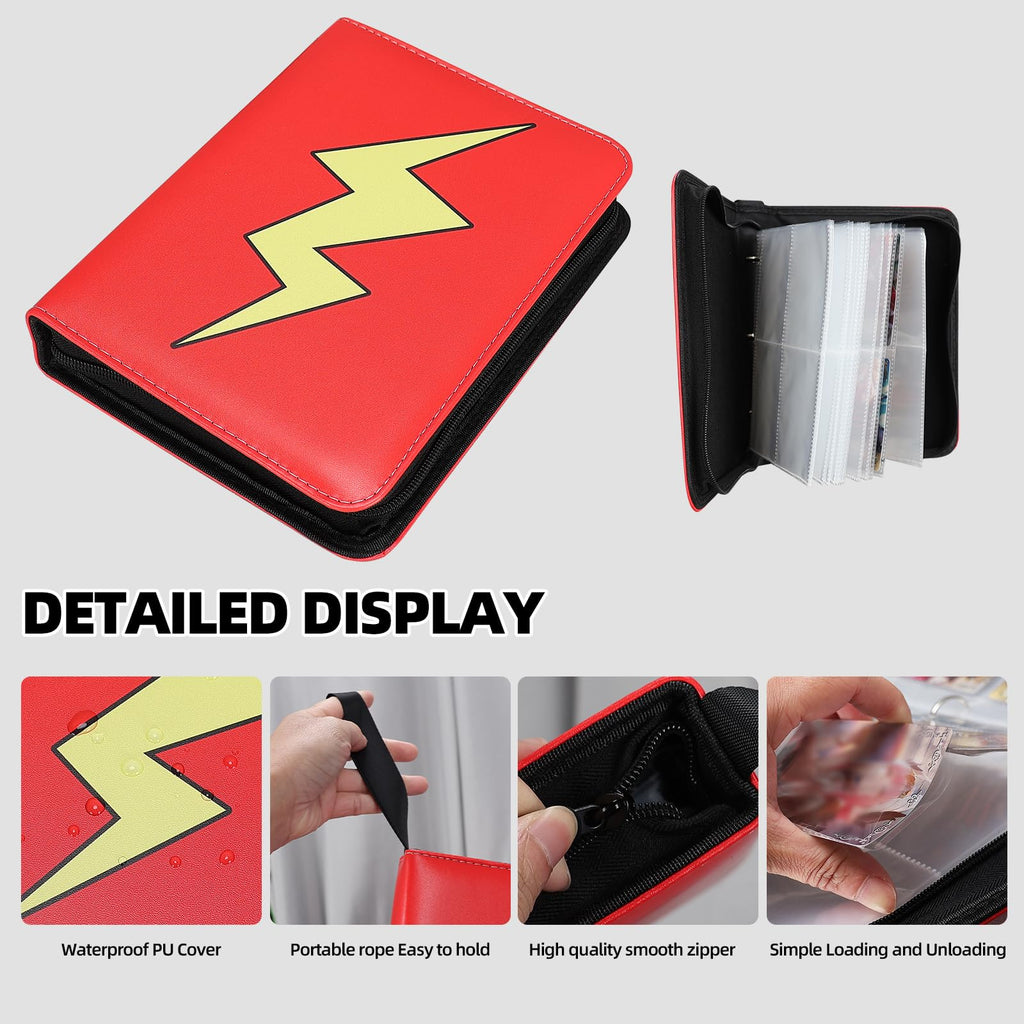 FootJKYX 4-Pocket Trading Card Binder – Holds 400 Cards, PU Leather, Zippered, with Wrist Strap (Red White-08)