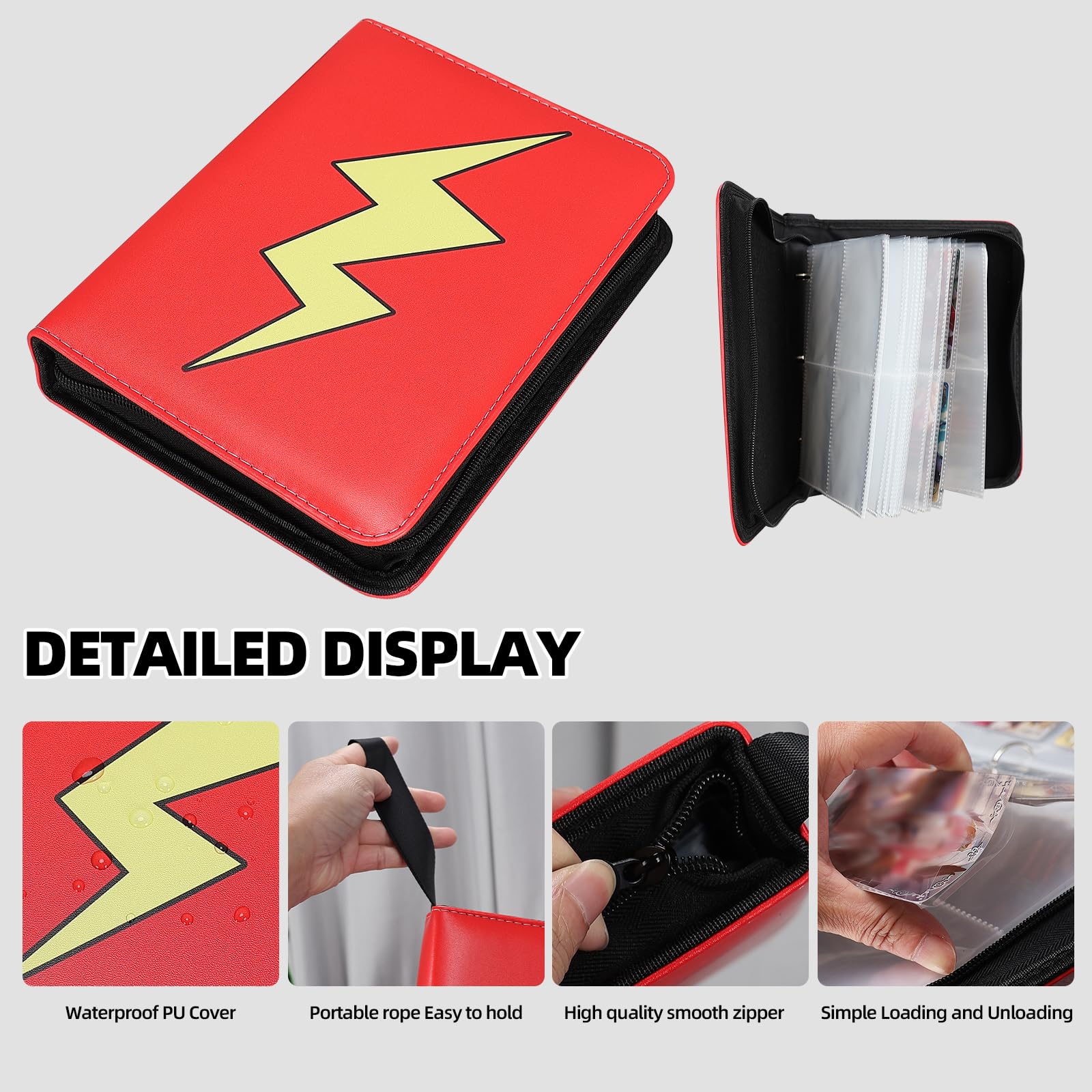 FootJKYX 4-Pocket Trading Card Binder – Holds 400 Cards, PU Leather, Zippered, with Wrist Strap (Red White-08)