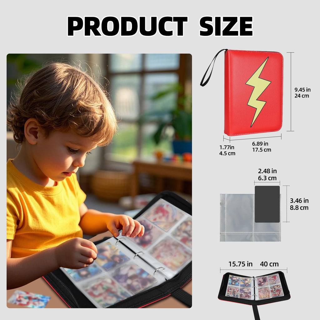 FootJKYX 4-Pocket Trading Card Binder – Holds 400 Cards, PU Leather, Zippered, with Wrist Strap (Red White-08)