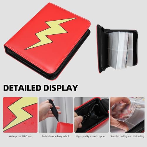 FootJKYX 4-Pocket Trading Card Binder – Holds 400 Cards, PU Leather, Zippered, with Wrist Strap (Red White-08)