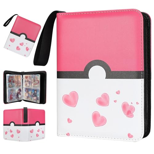 FootJKYX 4-Pocket Trading Card Binder – Holds 400 Cards, PU Zipper Album with Removable Sleeves (Pink White)