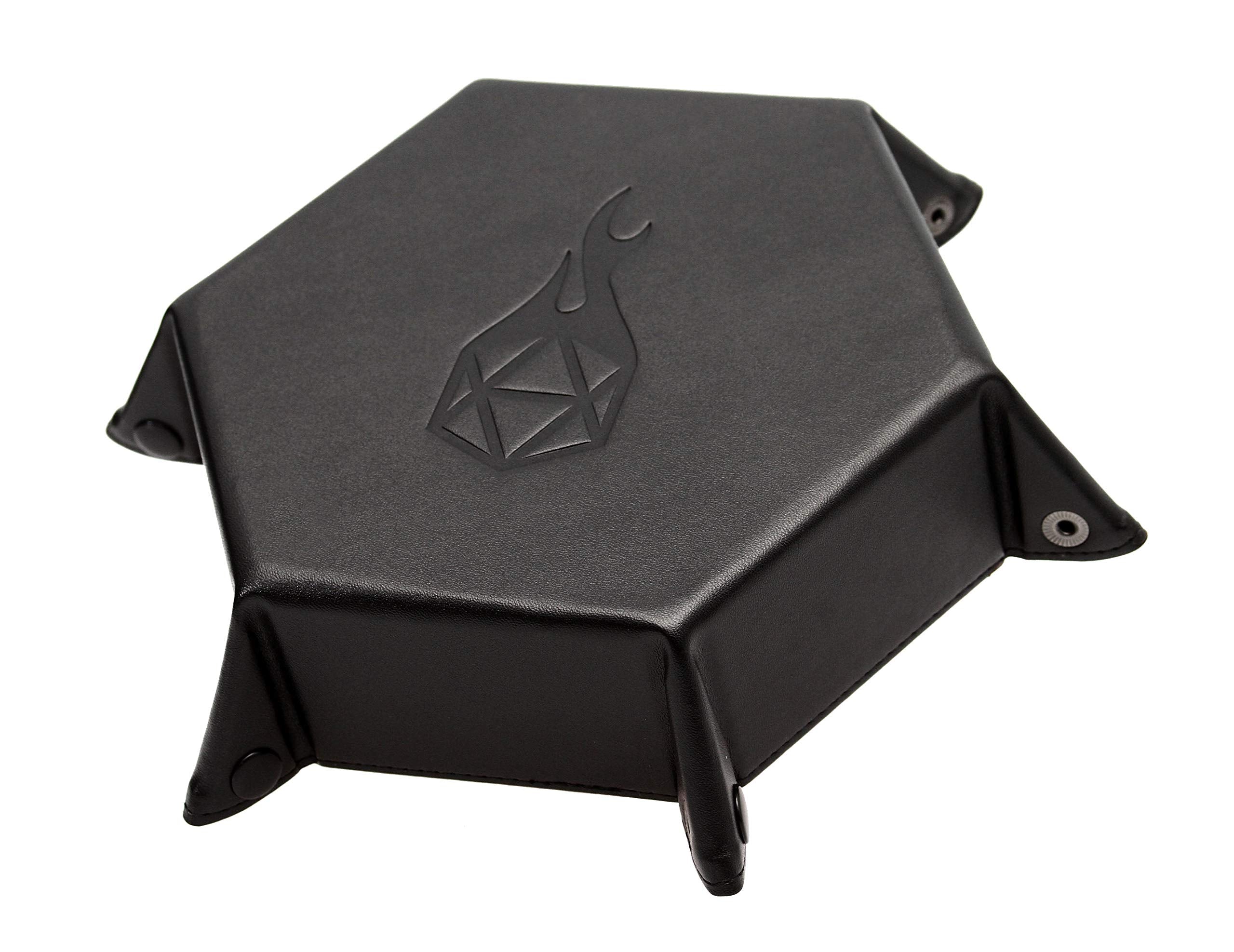 Forged Dice Co. Folding Dice Tray – 6.5-Inch Hexagon, Black Dragon Hide, Velvet Interior, Strong Snaps