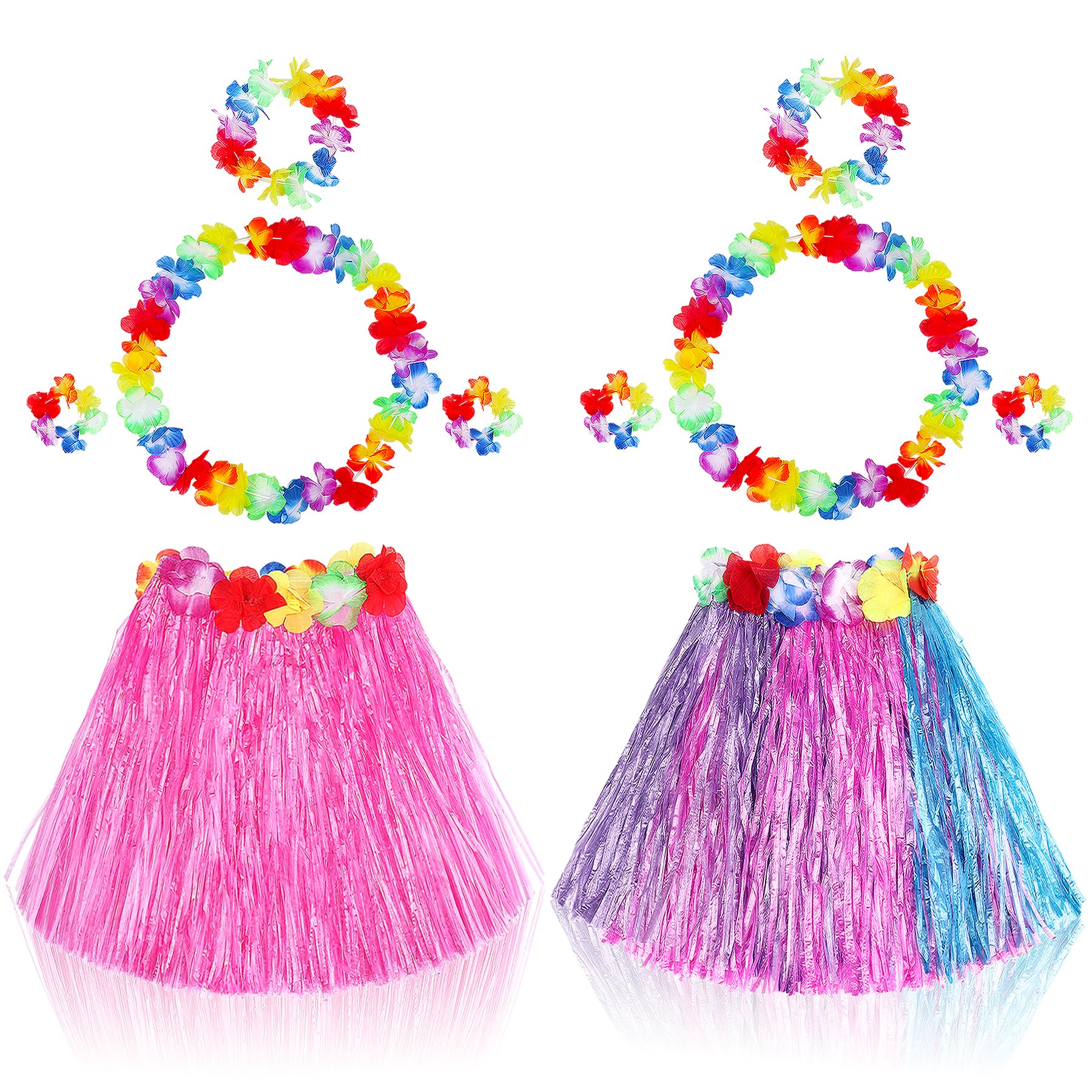 Fortuning's JDS Girls' Hawaiian Hula Grass Skirt Costume Set – 2 Pack with Lei Necklace, Headband & Bracelets for Luau & Beach Party