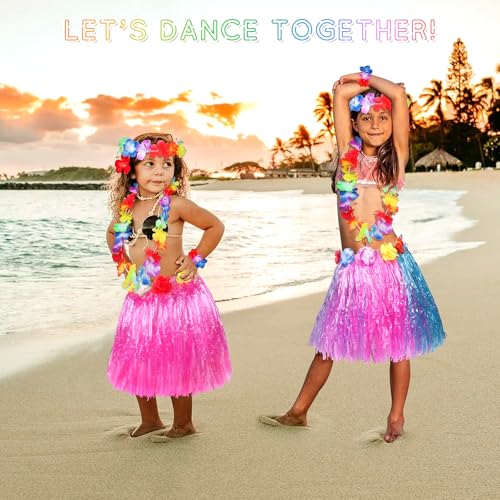 Fortuning's JDS Girls' Hawaiian Hula Grass Skirt Costume Set – 2 Pack with Lei Necklace, Headband & Bracelets for Luau & Beach Party